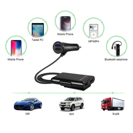 Quick Charge 3.0 Autolader met Verlengkabel en 4 Poorten  30W / 3.1A - Quad Port Carcharger Extension Cable - Zwart