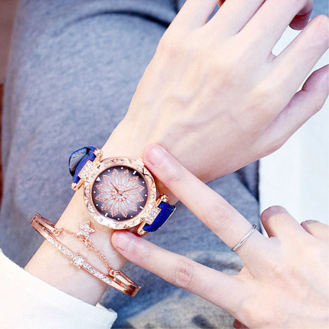 Starry Sky Horloge Dames - Luxe Anoloog Kwarts Uurwerk voor Vrouwen Blauw