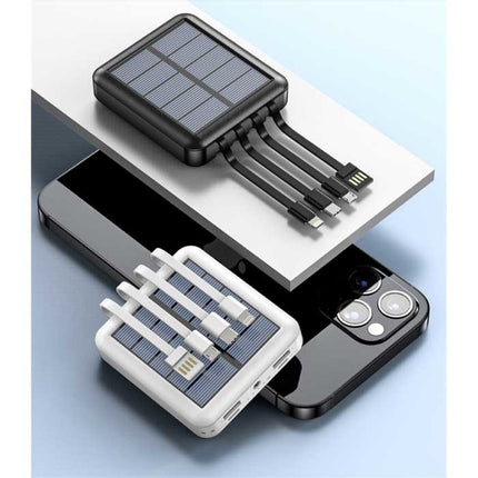 Universele 20.000mAh Mini Solar Powerbank - 4 Types Oplaadkabel - Ingebouwde Zaklamp - Externe Noodaccu Batterij Oplader Charger Zwart