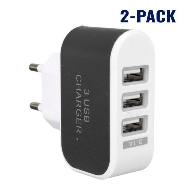 2-Pack  Triple (3x) USB Port iPhone/Android Muur Oplader Wallcharger Zwart