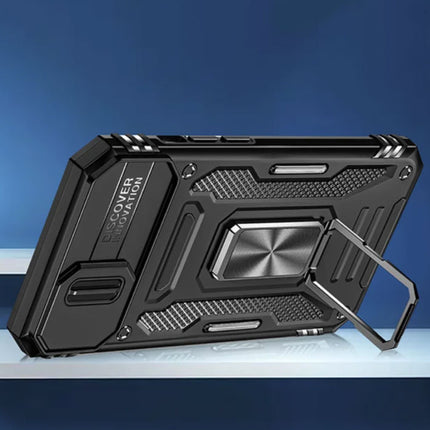 iPhone 15 Plus - Armor Hoesje met Kickstand en Camera Slide - Magneet Grip Cover Case Zwart