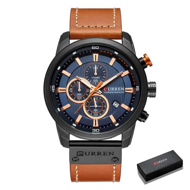 Luxe Horloge voor Heren met Leren Band - Kwarts Sport Chronograaf Polshorloge Zwart Blauw
