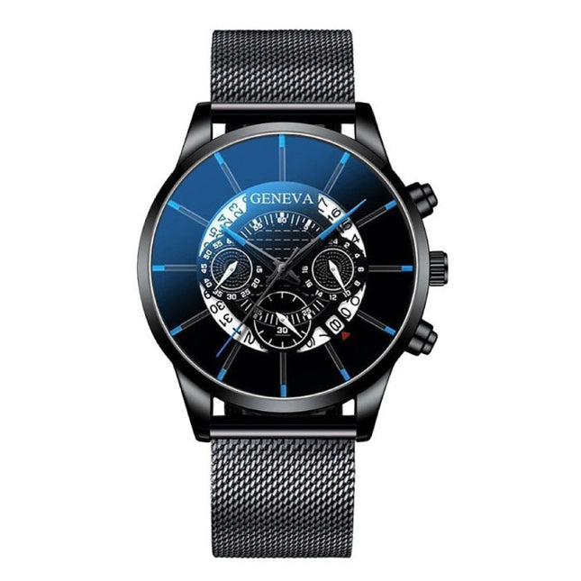 Klassiek Horloge voor Heren - Kwarts Stalen Riem Luxe Uurwerk Kalender Zakelijk Zwart Blauw