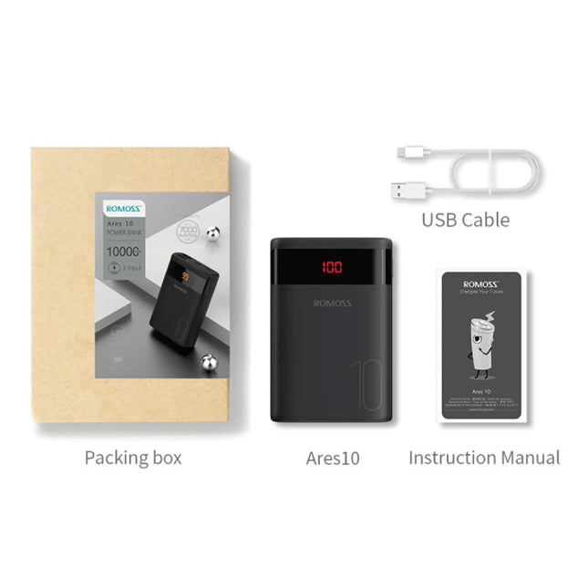 Ares 10.000mAh Powerbank met 4 Poorten - LED Display Externe Noodaccu Batterij Oplader Charger Zwart