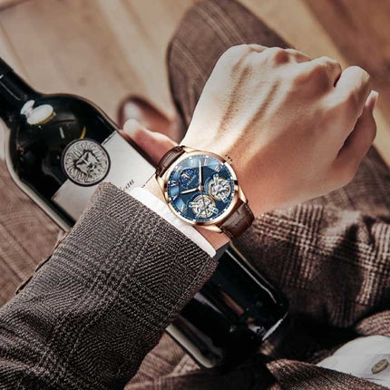 Vintage Horloge voor Heren - Leren Bandje Kwarts Polshorloge Dubbel Vliegwiel Bruin