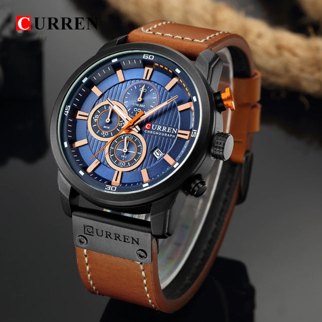 Heren Horloge met Leren Bandje - Anoloog Luxe Kwarts Uurwerk voor Mannen - Roestvrij staal - Oranje-Zwart