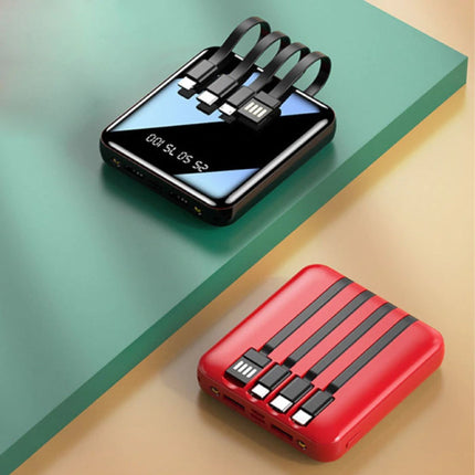 Universele 20.000mAh Mini Powerbank - 4 Types Oplaadkabel - 2x USB LED Display Noodaccu Batterij Oplader Charger Rood