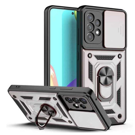 Samsung Galaxy A22 - Armor Hoesje met Kickstand en Camera Bescherming - Pop Grip Cover Case Zilver
