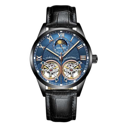 Vintage Horloge voor Heren - Leren Bandje Kwarts Polshorloge Dubbel Vliegwiel Zwart
