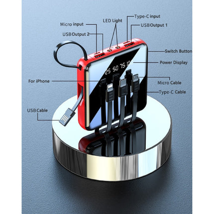 Universele 10.000mAh Mini Powerbank - 4 Types Oplaadkabel - 2x USB LED Display Noodaccu Batterij Oplader Charger Zwart 