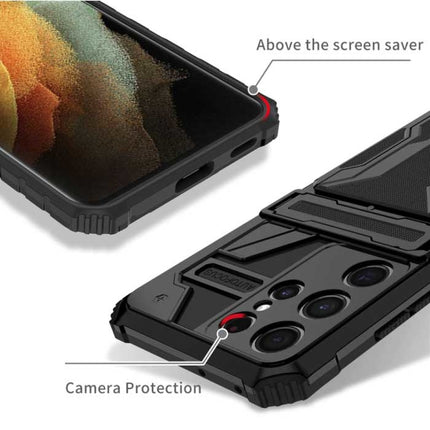 Samsung Galaxy A21s - Armor Card Slot Hoesje met Kickstand - Wallet Cover Case Blauw