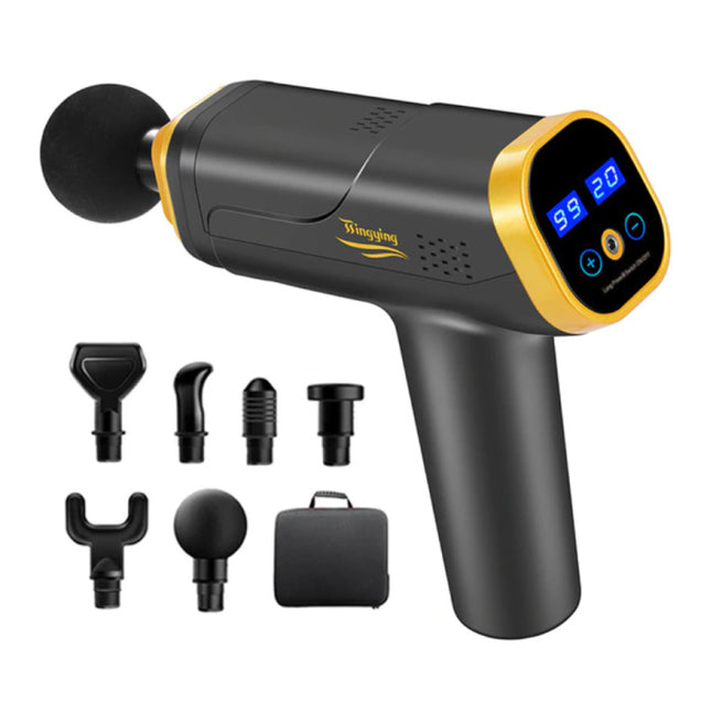 Professioneel Massage Apparaat Gun - 20 Standen - 6 Koppen - Inclusief Opbergtas - Sport en Relax - Zwart