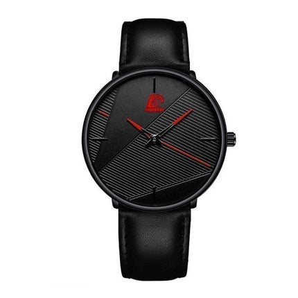 Minimalistisch Horloge voor Heren - Modieus Ultradun Zakelijk Kwarts Uurwerk Zwart Rood Leren Bandje