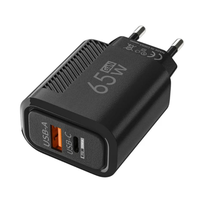 2-Poort GaN Snellader 65W - PD / Quick Charge 3.0 / USB Oplader Lader Stekkerlader Adapter Zwart 