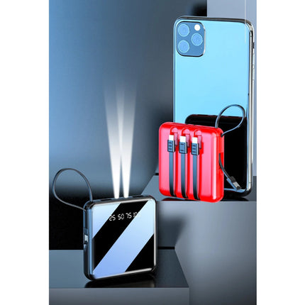 Universele 10.000mAh Mini Powerbank - 4 Types Oplaadkabel - 2x USB LED Display Noodaccu Batterij Oplader Charger Zwart 