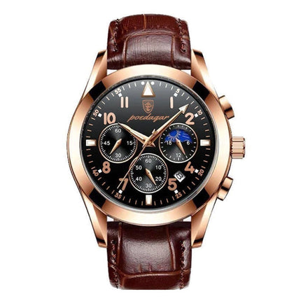 Roestvrij Staal Horloge voor Heren - Lichtgevend Luxe Uurwerk Waterdicht Kwarts Goud Bruin Leren Bandje 