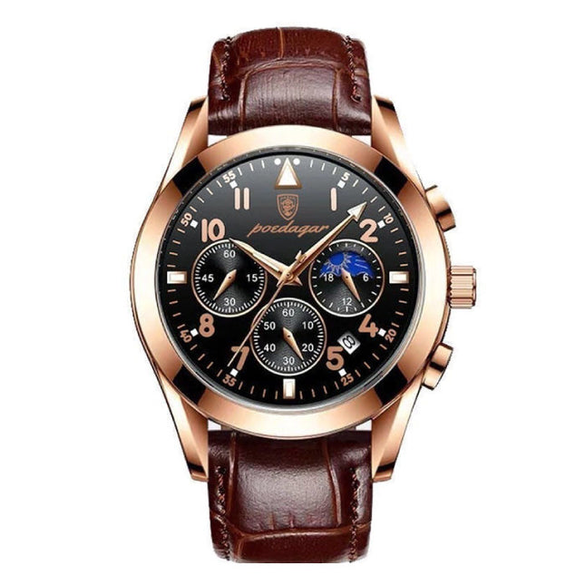 Roestvrij Staal Horloge voor Heren - Lichtgevend Luxe Uurwerk Waterdicht Kwarts Goud Bruin Leren Bandje 