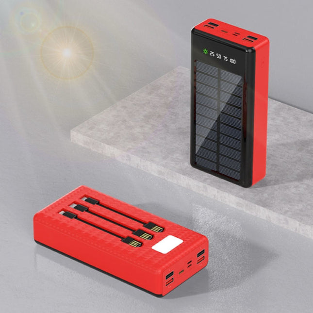 100.000mAh Solar Powerbank met 4 Poorten en 3 Types Oplaadkabel - Ingebouwde Zaklamp - Externe Noodaccu Batterij Oplader Charger Zon Zwart