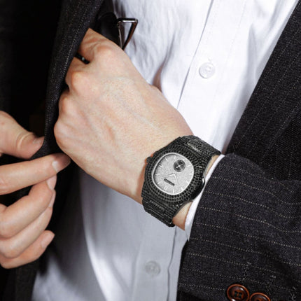 Full Diamond Luxe Horloge voor Heren - Roestvrij Staal Kwarts Uurwerk met Opbergdoosje Zwart
