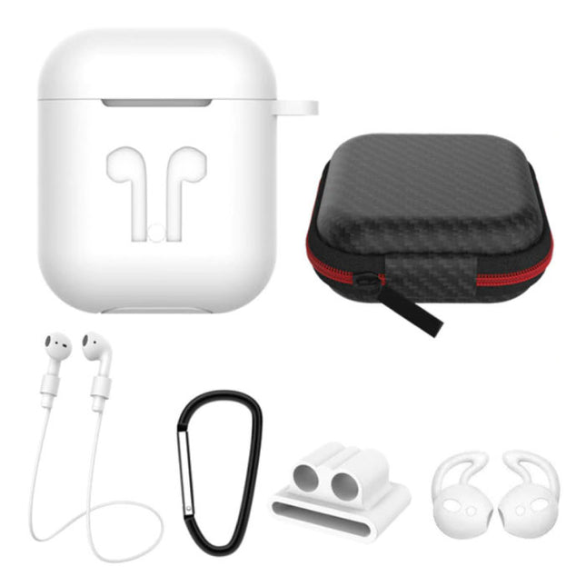 6 in 1 Kit voor AirPods 1 / 2 Wit - Hoesje / Anti-Lost Strap / Karabijnhaak / Opbergdoosje / Draagband / 2x Stofkap