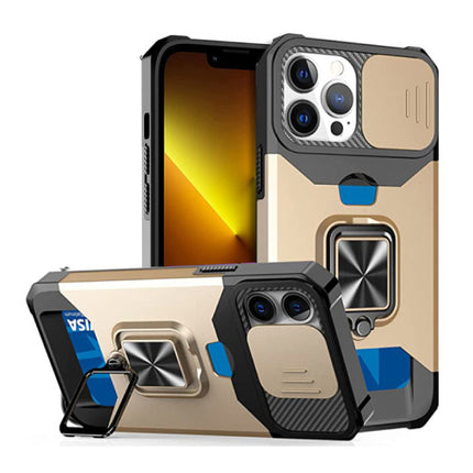 iPhone SE (2022) - Card Slot Hoesje met Kickstand en Camera Slide - Grip Socket Magnetische Cover Case Goud
