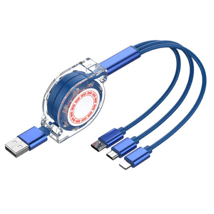 3 in 1 Intrekbare Oplaadkabel - iPhone Lightning / USB-C / Micro-USB - 1.2 Meter Oplader Spiral Data Kabel Blauw-Transparant