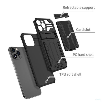 iPhone 12 - Armor Card Slot Hoesje met Kickstand - Wallet Cover Case Zwart