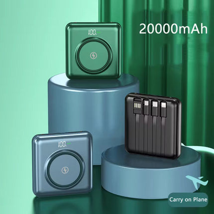 20.000mAh Qi Mini Powerbank met 2 Oplaadpoorten en 4 Kabels - Externe Accu Batterij Oplader - Blauw