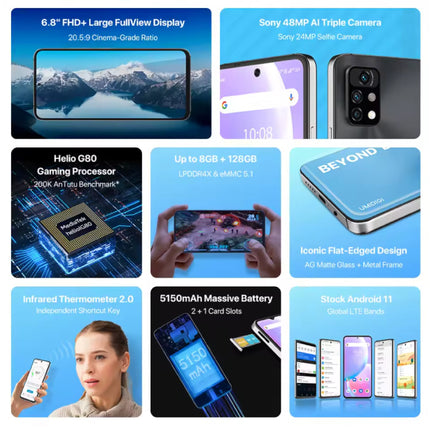 A11 Pro Max Smartphone - 6.8" FHD+ Display - 4 GB RAM - 128 GB Opslag - 48 MP Camera - 5150mAh Batterij - Blauw 