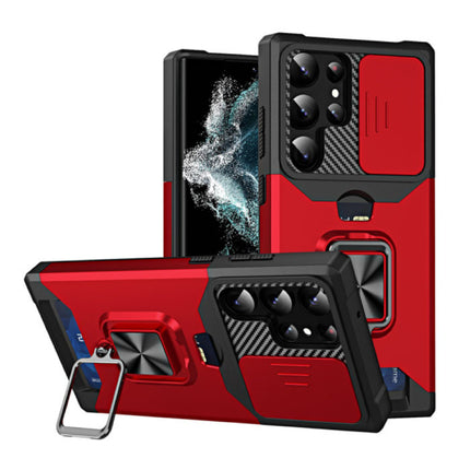 Samsung Galaxy S21 Ultra - Card Slot Hoesje met Kickstand en Camera Slide - Grip Socket Magnetische Cover Case Rood