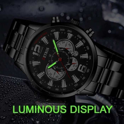 Roestvrij Staal Sport Horloge voor Heren - Kwarts Uurwerk Kalender Lichtgevende Klok Staal Zwart Zwart