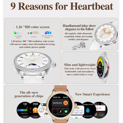 Diamant Smartwatch - Gezondheid Monitor Sport Tracker Horloge iOS Android - Mesh Bandje - Rose Gold