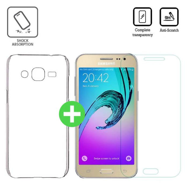 Samsung Galaxy J2/J200F/J200G Transparant TPU Hoesje + Screen Protector Tempered Glass