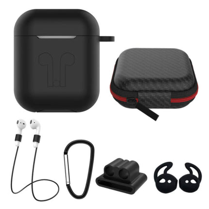 6 in 1 Kit voor AirPods 1 / 2 Zwart - Hoesje / Anti-Lost Strap / Karabijnhaak / Opbergdoosje / Draagband / 2x Stofkap 