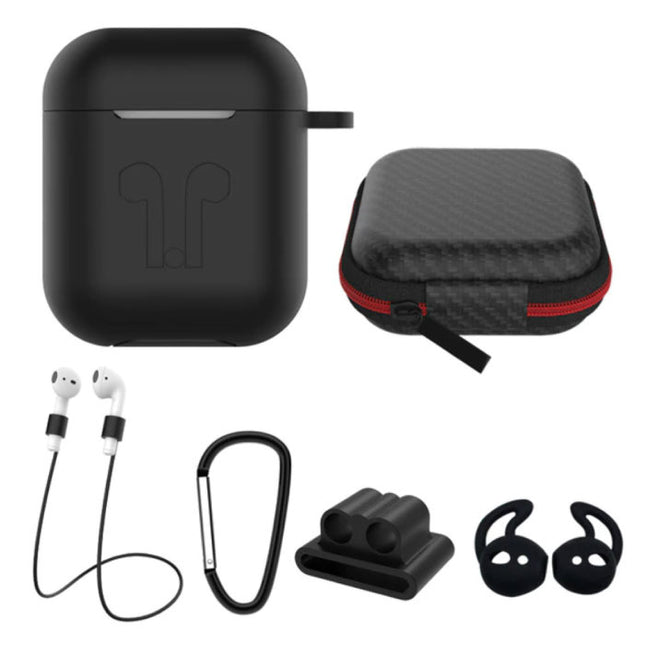 6 in 1 Kit voor AirPods 1 / 2 Zwart - Hoesje / Anti-Lost Strap / Karabijnhaak / Opbergdoosje / Draagband / 2x Stofkap 