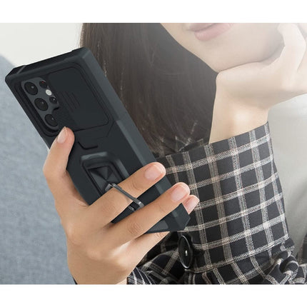 Samsung Galaxy S23 Plus - Card Slot Hoesje met Kickstand en Camera Slide - Grip Socket Magnetische Cover Case Roze