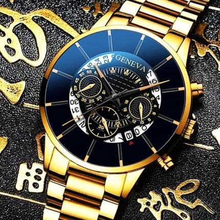 Klassiek Horloge voor Heren - Kwarts Stalen Riem Luxe Uurwerk Kalender Zakelijk Zwart Blauw