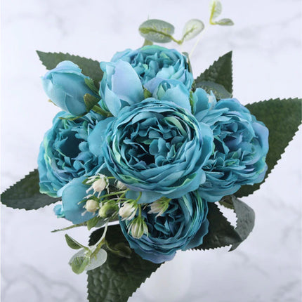 Kunst Boeket - Zijden Rozen Roos Bloemen Luxe Boeketten Decor Ornament Blauw
