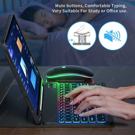 RGB Toetsenbord Hoes en Muis voor iPad 10.2" - QWERTY Multifunctionele Keyboard Bluetooth Smart Cover Case Hoesje Blauw