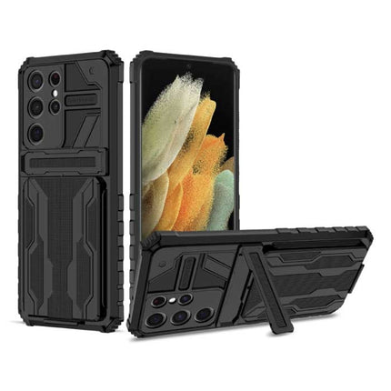 Samsung Galaxy S21 Ultra - Armor Card Slot Hoesje met Kickstand - Wallet Cover Case Zwart