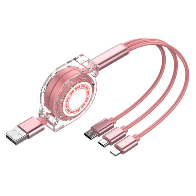 3 in 1 Intrekbare Oplaadkabel - iPhone Lightning / USB-C / Micro-USB - 1.2 Meter Oplader Spiral Data Kabel Roze-Transparant