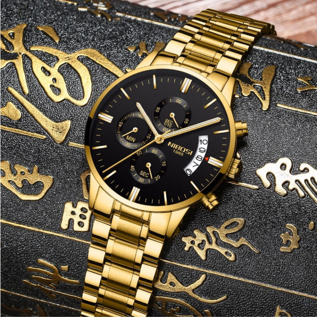 Staal Horloge voor Heren - Luxe Bandje Anoloog Uurwerk voor Mannen Kwarts Goud