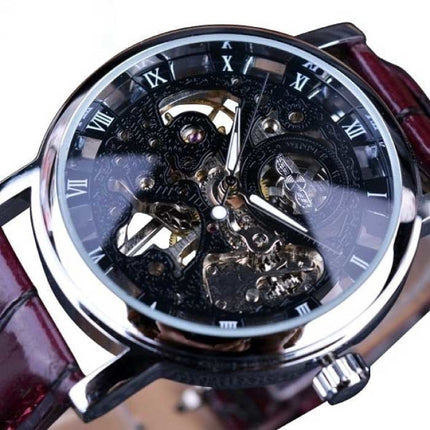 Gouden Kast Luxe Horloge voor Heren - Leren Bandje Transparant Mechanisch Skelet Zwart Bruin