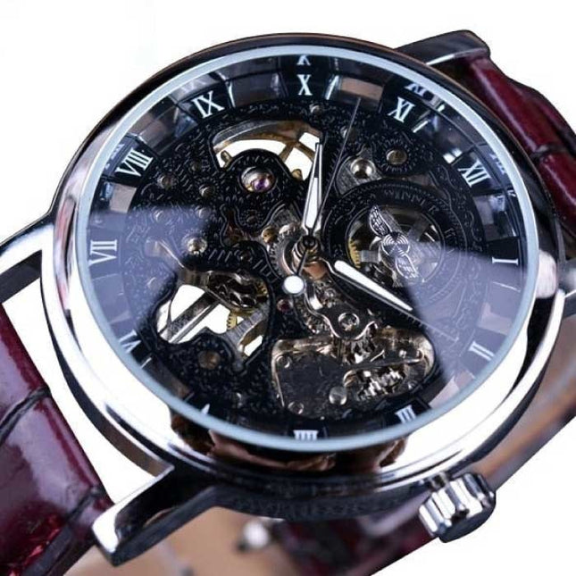 Gouden Kast Luxe Horloge voor Heren - Leren Bandje Transparant Mechanisch Skelet Zwart Bruin