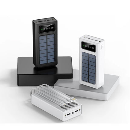 100.000mAh Solar Powerbank met 2 Uitvoer/2 Invoer Poorten - 4 Types Oplaadkabel - Ingebouwde Zaklamp - Externe Noodaccu Batterij Oplader Charger Zon Zwart