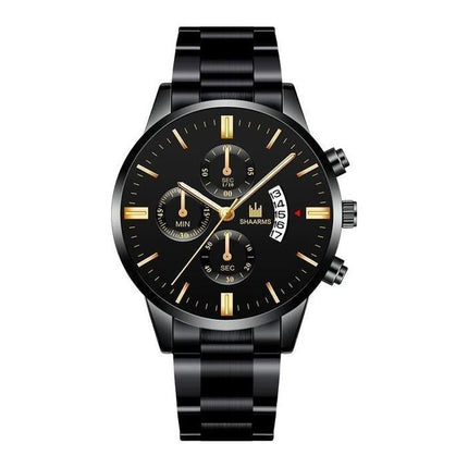 Luxe Zakelijk Horloge voor Heren - Kwarts Roestvrij Staal Bandje Datum Kalender met 3 Subdials Zwart Goud
