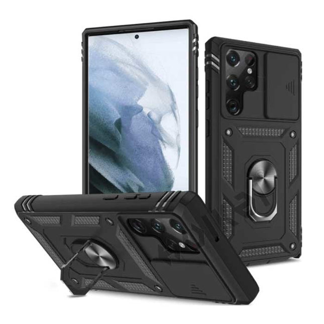 Samsung Galaxy S21 Ultra - Armor Kaarthouder Hoesje met Kickstand en Camera Bescherming - Pop Grip  Heavy Duty Cover Case Zwart