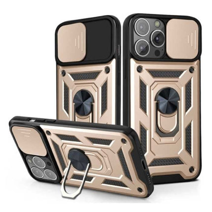 iPhone 14 Pro - Armor Hoesje met Kickstand en Camera Bescherming - Pop Grip Cover Case Goud