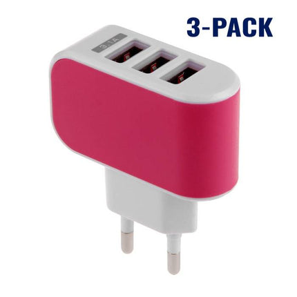 3-Pack  Triple (3x) USB Port iPhone/Android Muur Oplader Wallcharger AC Thuis Roze
