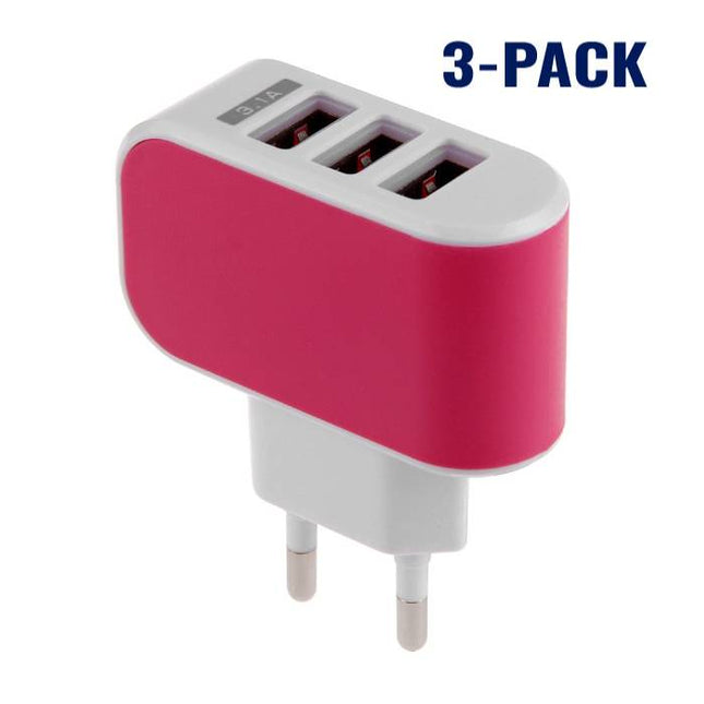 3-Pack  Triple (3x) USB Port iPhone/Android Muur Oplader Wallcharger AC Thuis Roze
